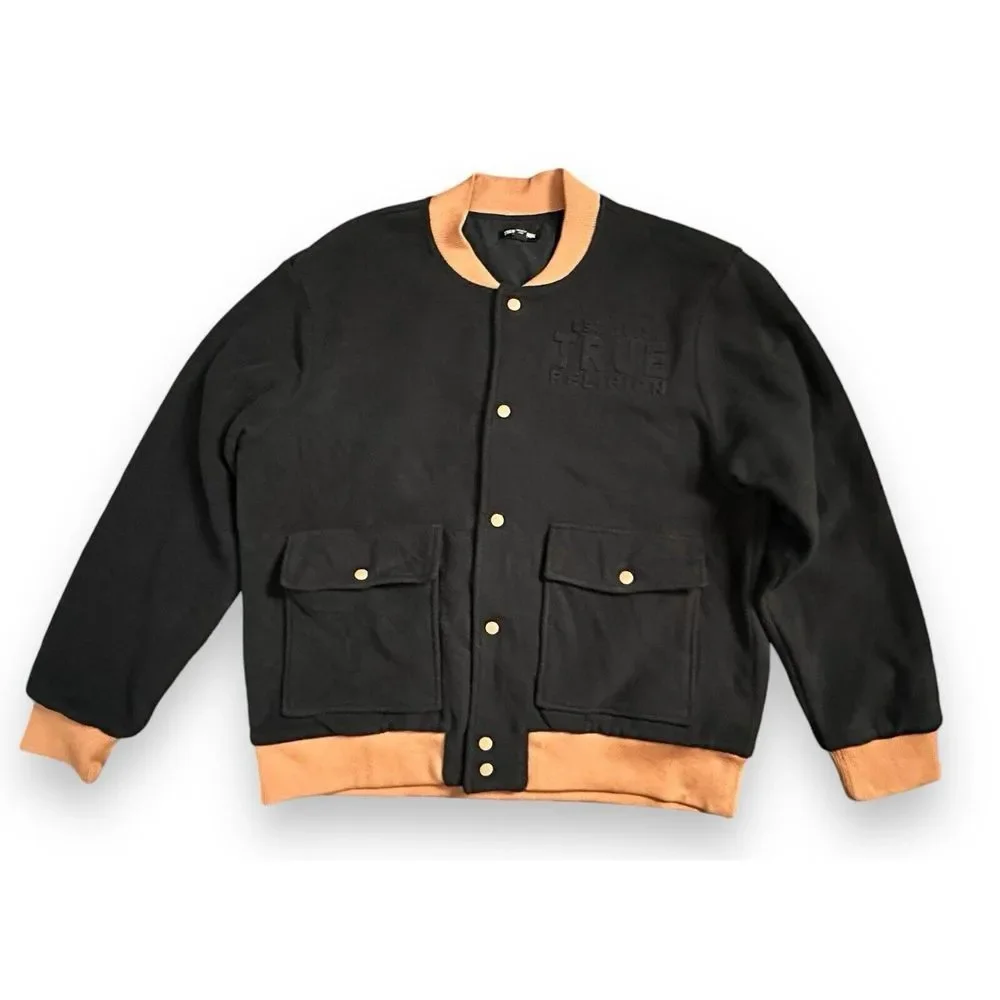 True Religion Fleece Bomber Utility‎ Jacket Mens Size L Jet Black $199
